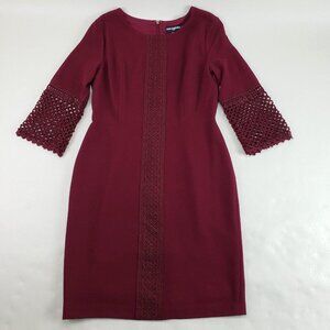 Karl Lagerfeld Lace Embroidered Dress Womens 8 Burgundy Knee Length 3/4 Sleeve